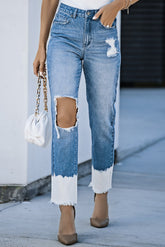 Contrast Distressed High Waist Jeans - Shah S. Sahota